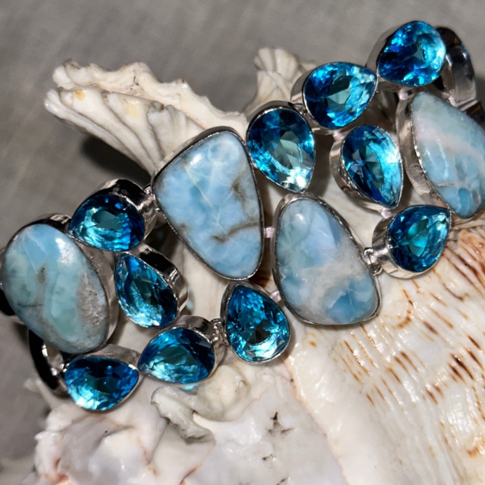 Gorgeous Caribbean Larimar + Blue Topaz encrusted double row Handcrafted Cuff